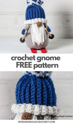 two crocheted gnomes sitting on top of each other with text overlay