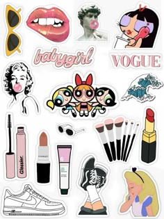 various stickers that include lipstick, sunglasses and other things to be seen in this image