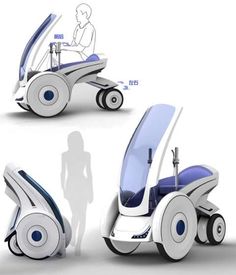 four different views of an electric vehicle with wheels and seats on the front, side, and back