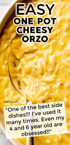 a bowl of macaroni and cheese with the words easy one pot cheesy orzo