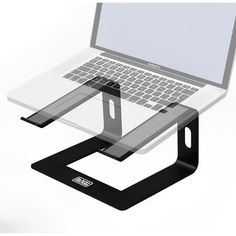 an open laptop computer sitting on top of a glass table with a black metal frame