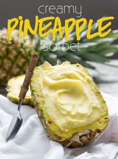 a pineapple sorbet on a napkin with a knife