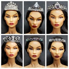 four pictures of the same woman's face wearing tiaras