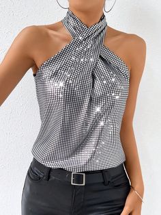 Silver Party Collar  Knitted Fabric Plain Halter Embellished Slight Stretch  Women Clothing Criss Cross Halter Top, Sequin Halter Top, Harley Davidson Tank Tops, Sequin Halter, Womens Halter Tops, Halter Tops, Sequin Tank Tops, Halter Neck Top, Geo Print