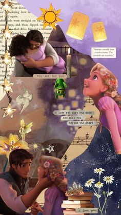 the collage shows an image of two people hugging each other and one is wearing a princess dress