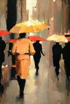 a painting of people walking down the street with umbrellas