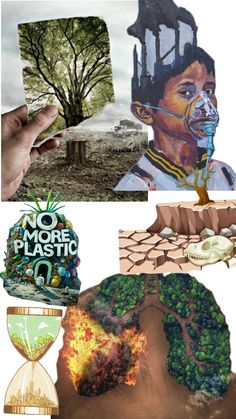 the collage shows an image of a man with a tree in his head and other images