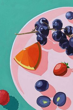 a painting of blueberries, oranges and strawberries on a pink plate next to a red flower