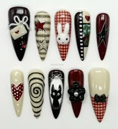 Elden Ring Nails, Weird Core Nails, Over The Garden Wall Nails, Characters On Nails, Raccoon Nails, Spooky Rabbit, Black Cat Nails, Rabbit Nails, Gel Nails Black