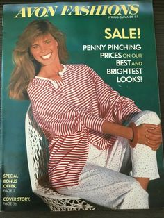 a magazine cover with an image of a woman in red and white striped shirt sitting on a chair