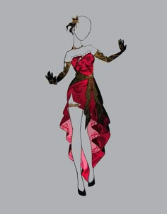 a drawing of a woman in a red and black dress with her hands out to the side