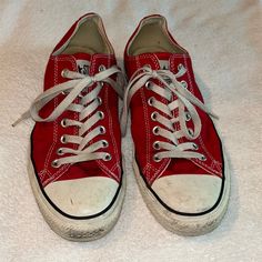 Barely Worn Red Allstars Size 9 Men 11 Women Broken In Just Enough To Be Cool And Not Brand New Dorky. Plenty Of Life Left In These Classics! Casual University Red Sneakers, Casual Red Cotton Sneakers, Red Cotton Converse Sneakers, Allstars Converse, Converse Low, Converse Red, Converse Low Tops, Shoes Converse, Be Cool