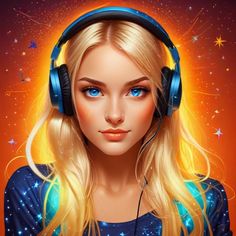 a girl with headphones on and stars in the background