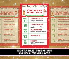 the christmas spirit week menu is shown in red and green