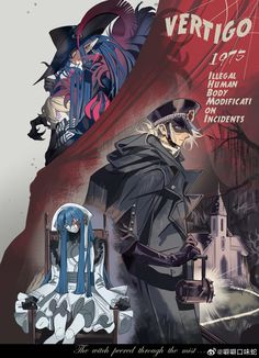 an anime poster with two people sitting in chairs and one person standing next to the chair