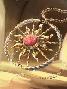 a painting of a sun with a red stone in it's center surrounded by chains