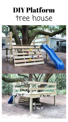 the diy platform tree house is made from wooden pallets and has a slide in it