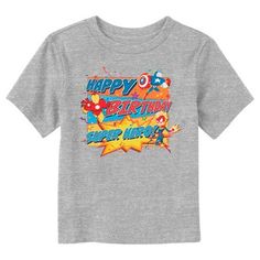 No villain will stand a chance on your special day when you're wearing your favorite comic book heroes as you party with your friends and family in style! This officially licensed Marvel Happy Birthday Super Hero Toddlers' Graphic T-Shirt features Captain America, Iron Man, and Captain Marvel along with the phrase: "Happy Birthday Superhero" in blue and red across the front. Grab one of these amazing Marvel today and start celebrating superhero style! Happy Birthday Superhero, Birthday Superhero, Superhero Fashion, Captain America Iron Man, New Birthday, Superhero Birthday, Graphic Tee Design, Comic Book Heroes, Captain Marvel