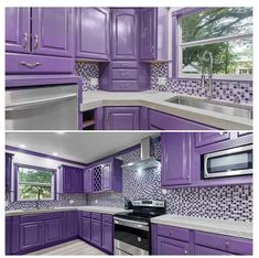 purple kitchen cabinets with white counter tops and backsplashes in the same color