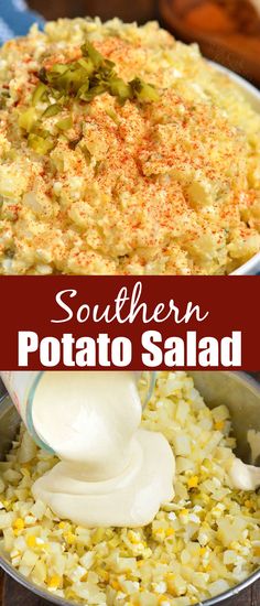 southern potato salad in a pot with a spoon and some sour cream on the side