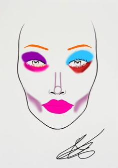 a drawing of a woman's face with bright colored makeup and pink, blue, purple, and orange eyes