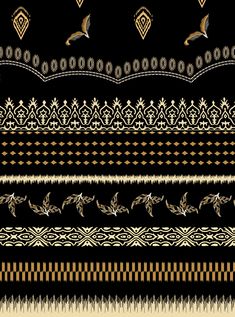 a black and gold striped pattern with birds flying over the top, on a black background