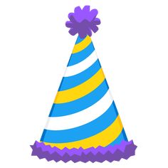 a party hat with purple and yellow stripes