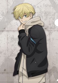 an anime character with blonde hair and blue eyes wearing a black jacket, standing in front of a concrete wall