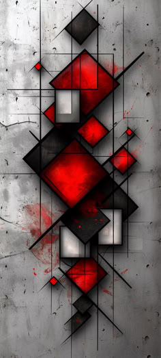 an abstract painting with red and black shapes