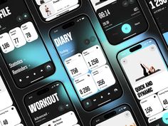 the screens are showing different workouts and fitness trackers on their smartphones as well as an iphone