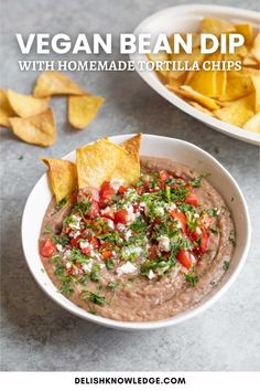 Vegan Bean Dip (With Homemade Tortilla Chips) Vegan Bean Dip, Bean Dip Recipe, Vegan Bean, Vegan Appetizers Recipes, Bean Dip Recipes, Homemade Tortilla, Healthy Appetizer, Vegan Snack Recipes, Homemade Tortilla Chips