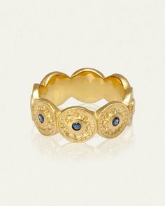 Description   Throughout the ages, the Sun and the Moon have been used as symbols of the masculine and feminine principles as an expression of polarity. They have been mystically represented as deities, or as a Solar King and a Lunar Queen. The Vesta Ring in   tumbled 18K Gold Vermeil   has three delicate Sapphires that guide us with their wisdom and bring the energy of the Sun and Moon into our daily practices.          Stone Properties   Blue Sapphire is a precious gemstone associated with wi The Sun And The Moon, Sun And The Moon, The Sun And Moon, Gold Vermeil Jewelry, Daily Practices, Vermeil Jewelry, Sun And Moon