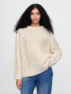 Soft cotton pullover cable-knit sweater.  Ribbed crewneck.  Long sleeves with drop shoulders.  Fit: Over Sweater Outfit, Chic Sweaters, Gap Jacket, Cotton Pullover, Toddler Gifts, Chinos Pants, Cable Knit, Knit Sweater, Soft Fabrics