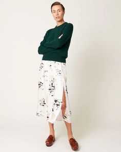 Box Pleat Slit Skirt in Rainforest | Maria McManus | Covet + Lou | Covet + Lou Split Skirt, Box Pleats, Lifestyle Shop, Hidden Zipper, Vneck Sweater, Forest Green, Hosiery, Pleated Skirt, Floral Skirt