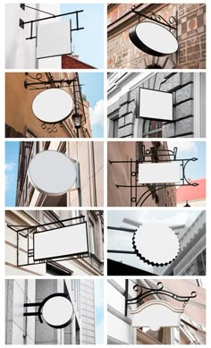 several different signs hanging from the side of a building with windows and sky in the background