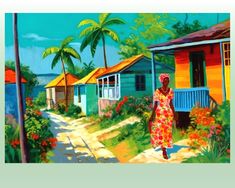 a painting of a woman walking down a street in front of colorful houses and palm trees