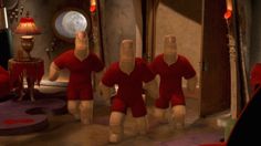 several animated figures are standing in front of a mirror with their hands up to the ceiling