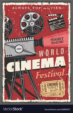 an old movie poster with the words world cinema festival and film reels on it