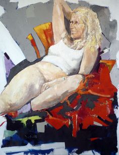 a painting of a woman sitting in a chair with her legs up on the ground