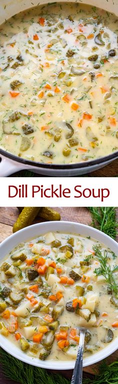 two pictures side by side showing different types of soup in a pan and on the same plate