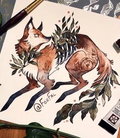 a drawing of a fox with leaves on it's back and the words coffee floss written in front of it