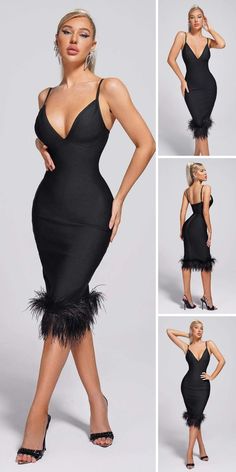 a woman wearing a black dress with feathers on the bottom and side, in four different poses