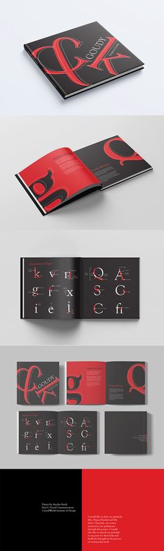 an open book with red and black designs on the front, back and side pages