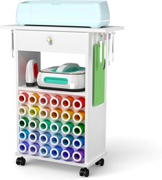 a white cart filled with lots of different colored items