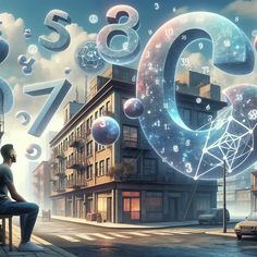 a man sitting on a bench in front of a building with numbers and symbols floating around