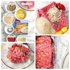 the steps to make meatloaf are shown in four different pictures, including flour, ground beef, eggs, breadcrumbs and other ingredients