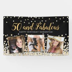 50 and fabulous gold photo collage 50th birthday banner 50th Birthday Banner, Birthday Photo Collage, Confetti Photos, Custom Birthday Banners, Silver Confetti, Birthday Banner Design, Happy Birthday Photos, Birthday Badge