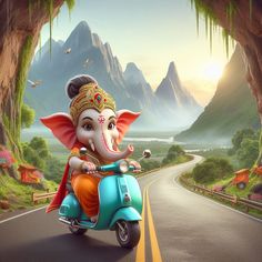 an elephant riding on the back of a scooter down a road next to mountains