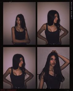 four different pictures of a woman with long dark hair and black tank top posing for the camera