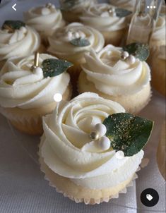 cupcakes with white frosting and green leaves are on a tablecloth, ready to be eaten